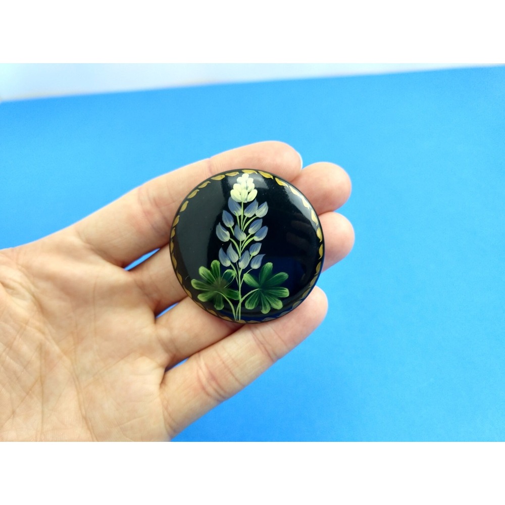 Round Black Floral Pin Handcrafted in Ukraine Lacquer Hand Painted Brooch